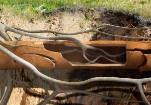 Illustration of root intrusion into a pipe
