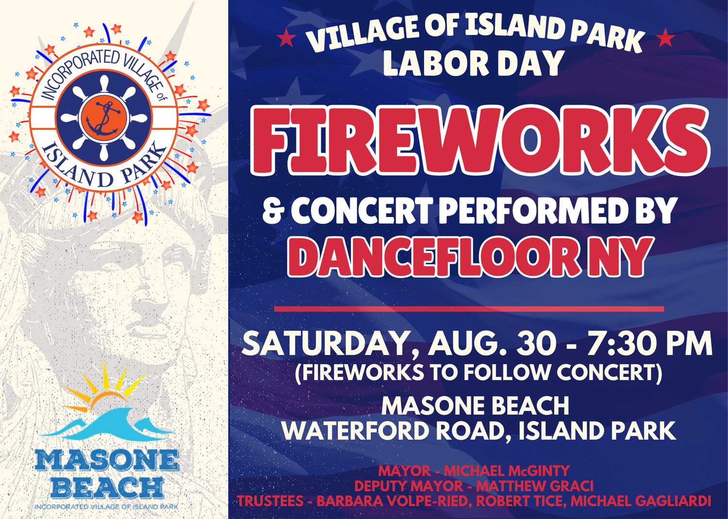 Labor Day Fireworks at Masone Beach - with concert by Dancefloor NY - August 30 at 7:30 PM